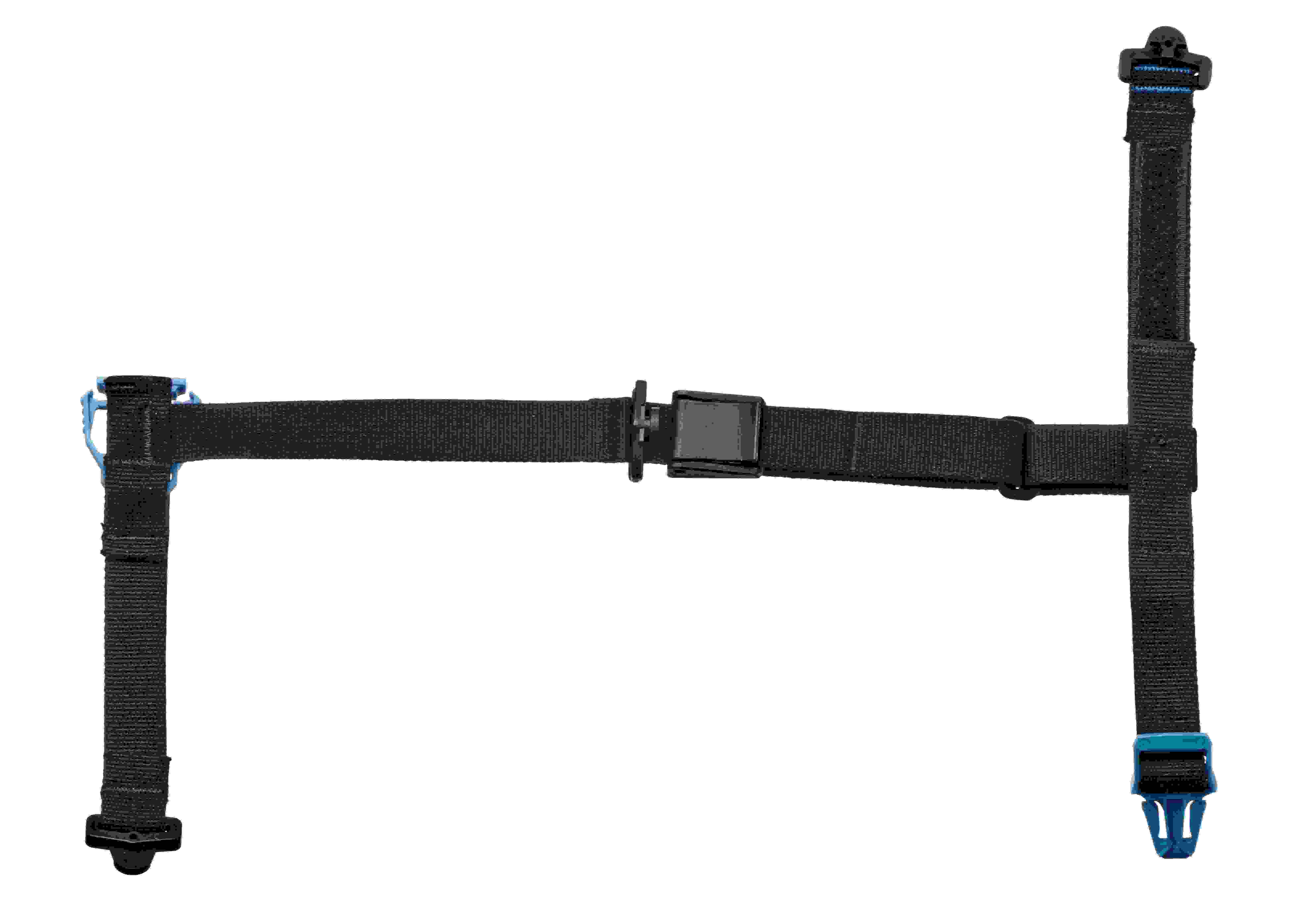 Schwarzes Sicherheitsband mit Schnallen und Clips für Befestigung.