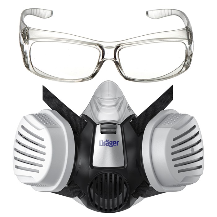 Schutzmaske X-plore 3300 & Schutzbrille X-pect 240 Dräger Halbmaske mit Filtern und durchsichtiger Schutzbrille.