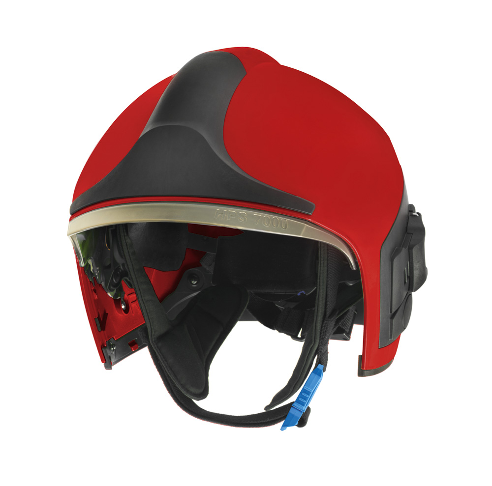 Rot-schwarzer Feuerwehrhelm mit Visier und Ohrenschutz von Dräger.