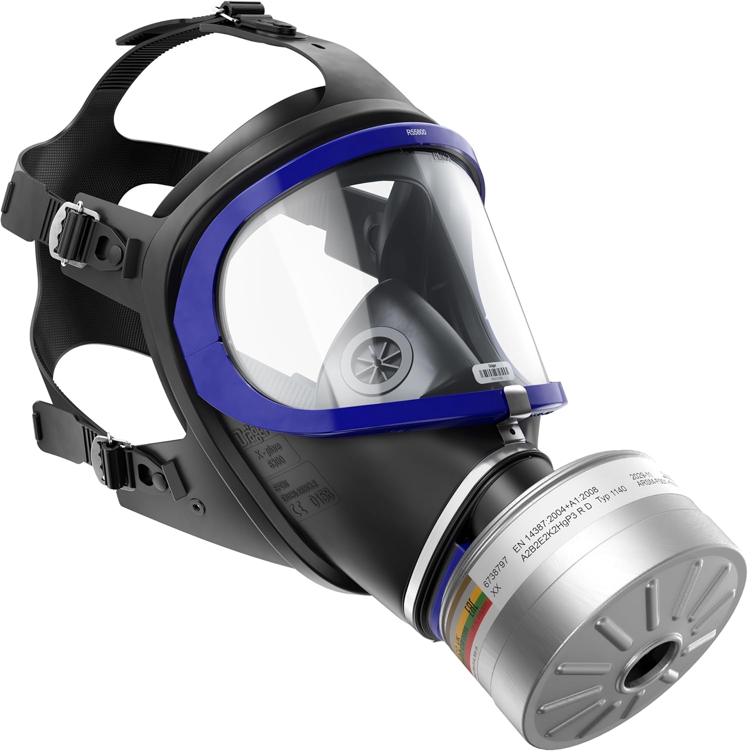Gasmaske Dräger X-plore 6300 Industriemaske mit Filter, schwarzes Gestell und Kopfbänder.