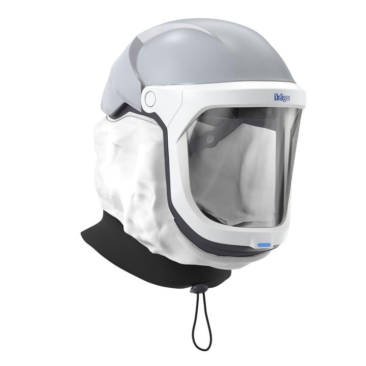 Dräger Sicherheitshelm Grauer Helm mit Visier und Schutzhaube, Modell D-12024-2024, in der Frontalansicht.