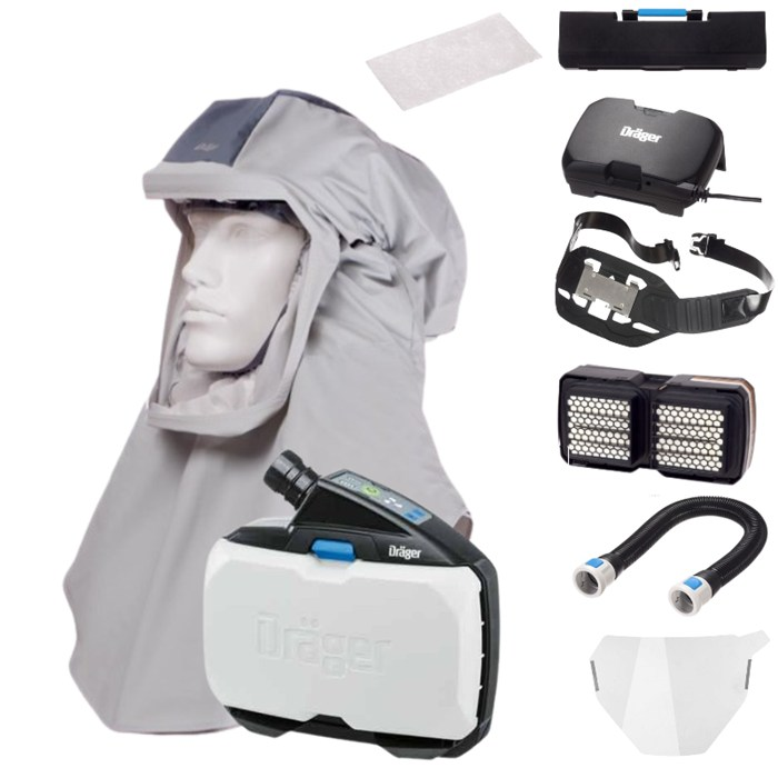 Dräger PAPR Set komplett für Atemschutz Komplettes Dräger PAPR System mit Kopfteil, Tube und Filter.