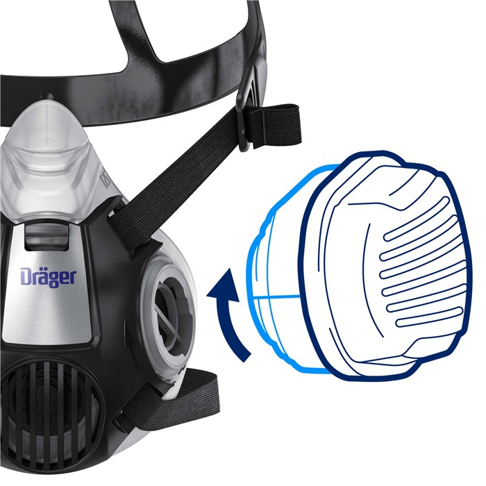 Die Halbmaske mit einem Filtersystem und verstellbaren Bändern von Dräger.
