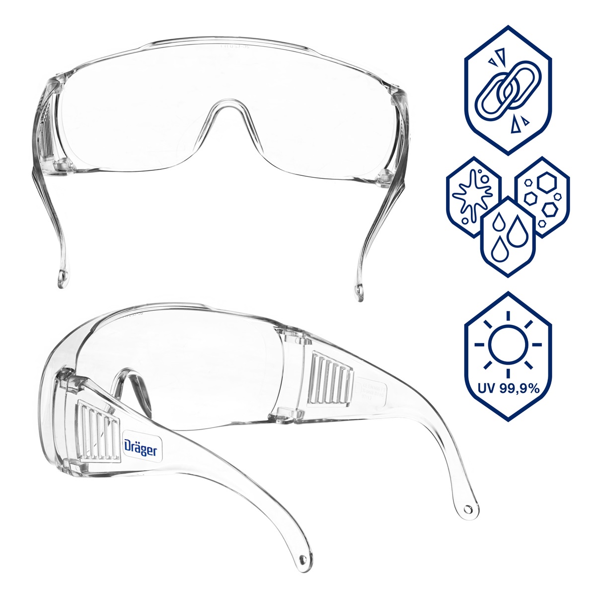 Schutzbrille Dräger X-pect 8110 Transparente Schutzbrille mit UV-Schutz und seitlichem Logo.