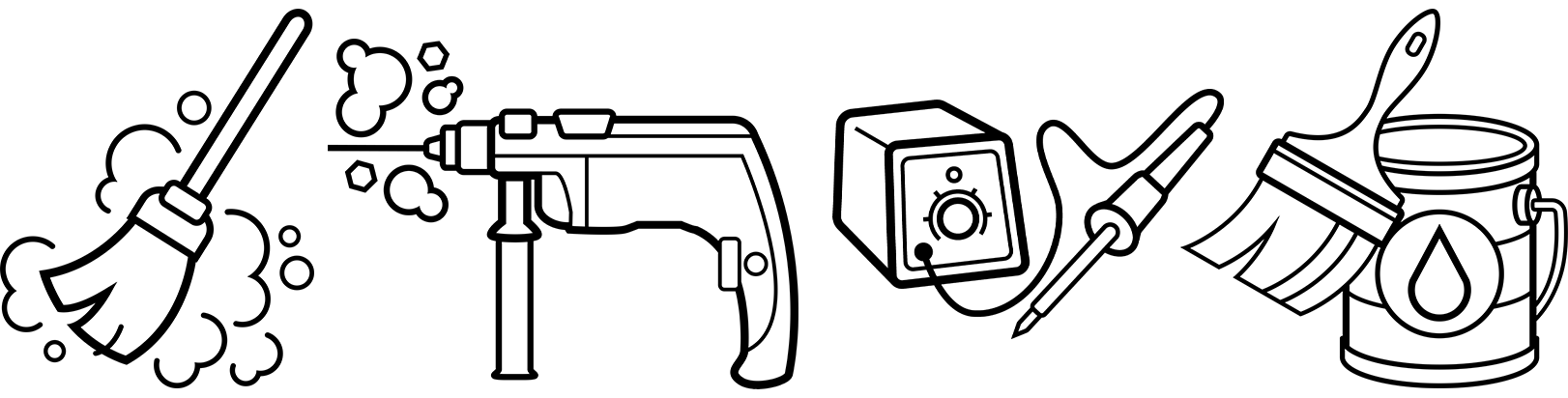 X-plore 3500 Handwerkerset von Dräger Abbildung von Werkzeugen: Besen, Bohrer, Lötkolben, Pinsel und Farbtopf.