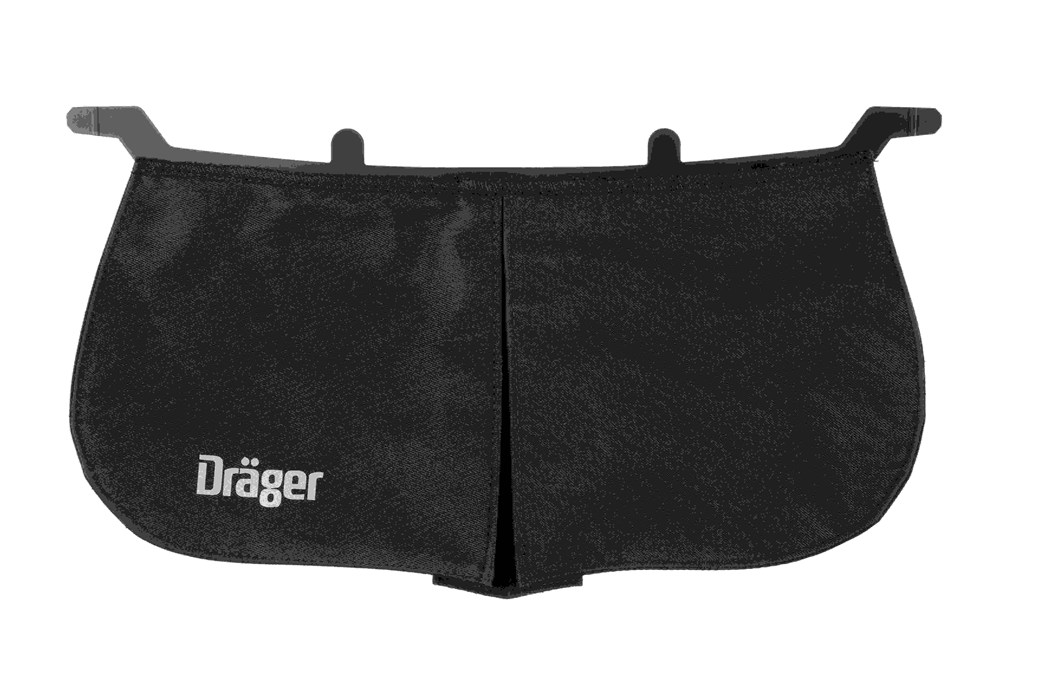 Schwarze Schutzabdeckung mit Dräger-Logo, rechteckig.