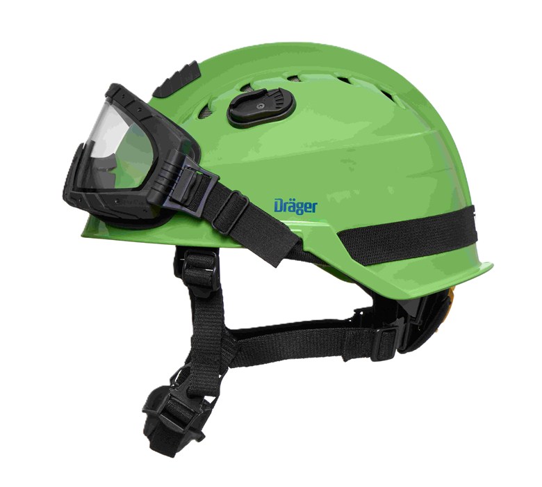 Schutzhelm und Brille von Dräger Grüner Schutzhelm Dräger HPS 3500 mit X-Pect 4800 Schutzbrille.