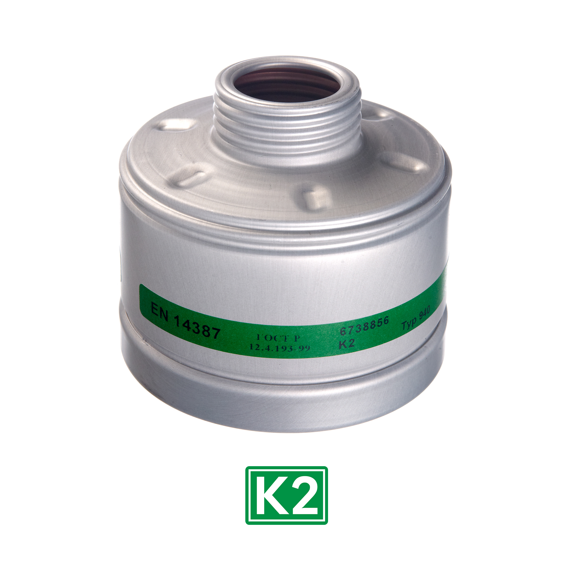 Silberne Filterpatrone mit grüner Beschriftung "EN 14387".