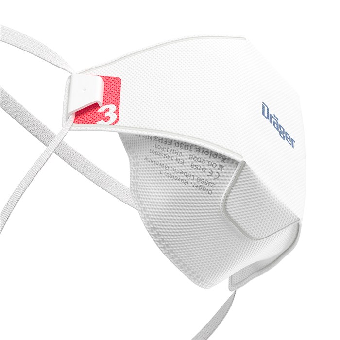 Dräger X-plore 1930 Partikelfiltermaske Weiße Dräger Halbmaske mit roten Details und elastischen Bändern.