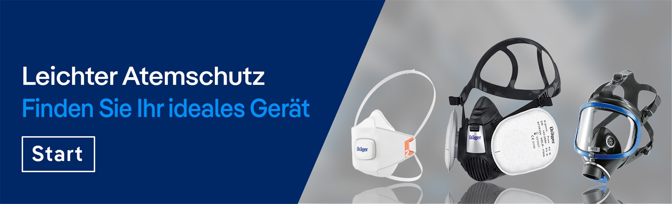 Leichter Atemschutz entdecken Drei Atemschutzmasken vor grauem Hintergrund mit Startbutton.