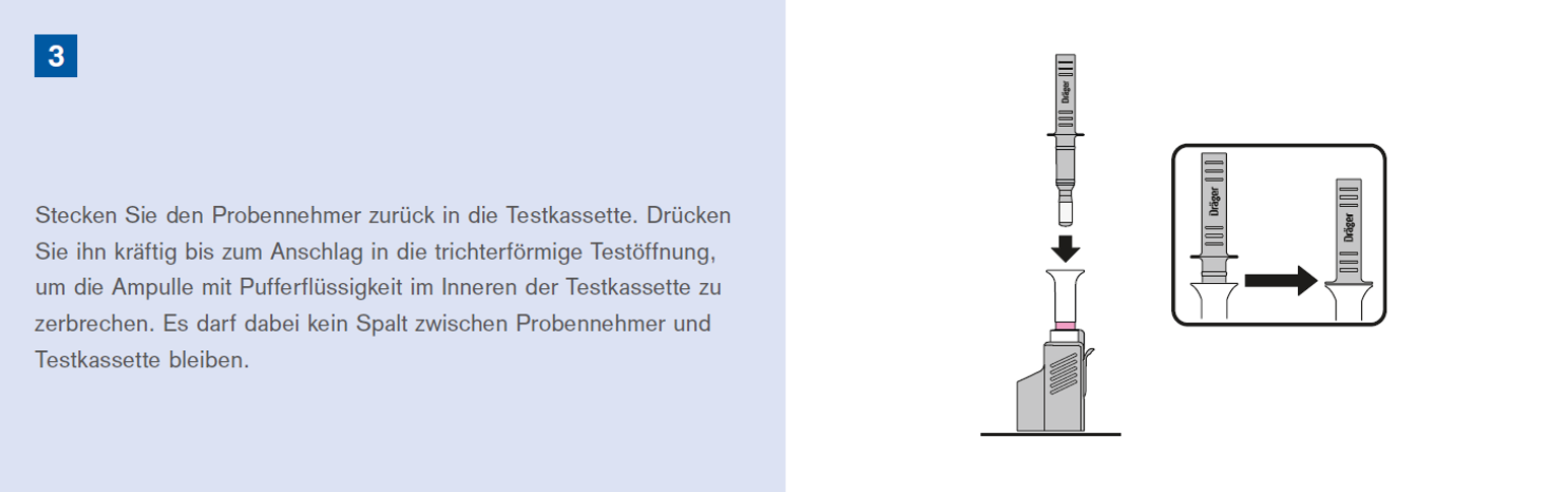 Anleitung zur Testkassette Nutzung Schritt 3: Probenbehälter in die Testkassette einstecken.