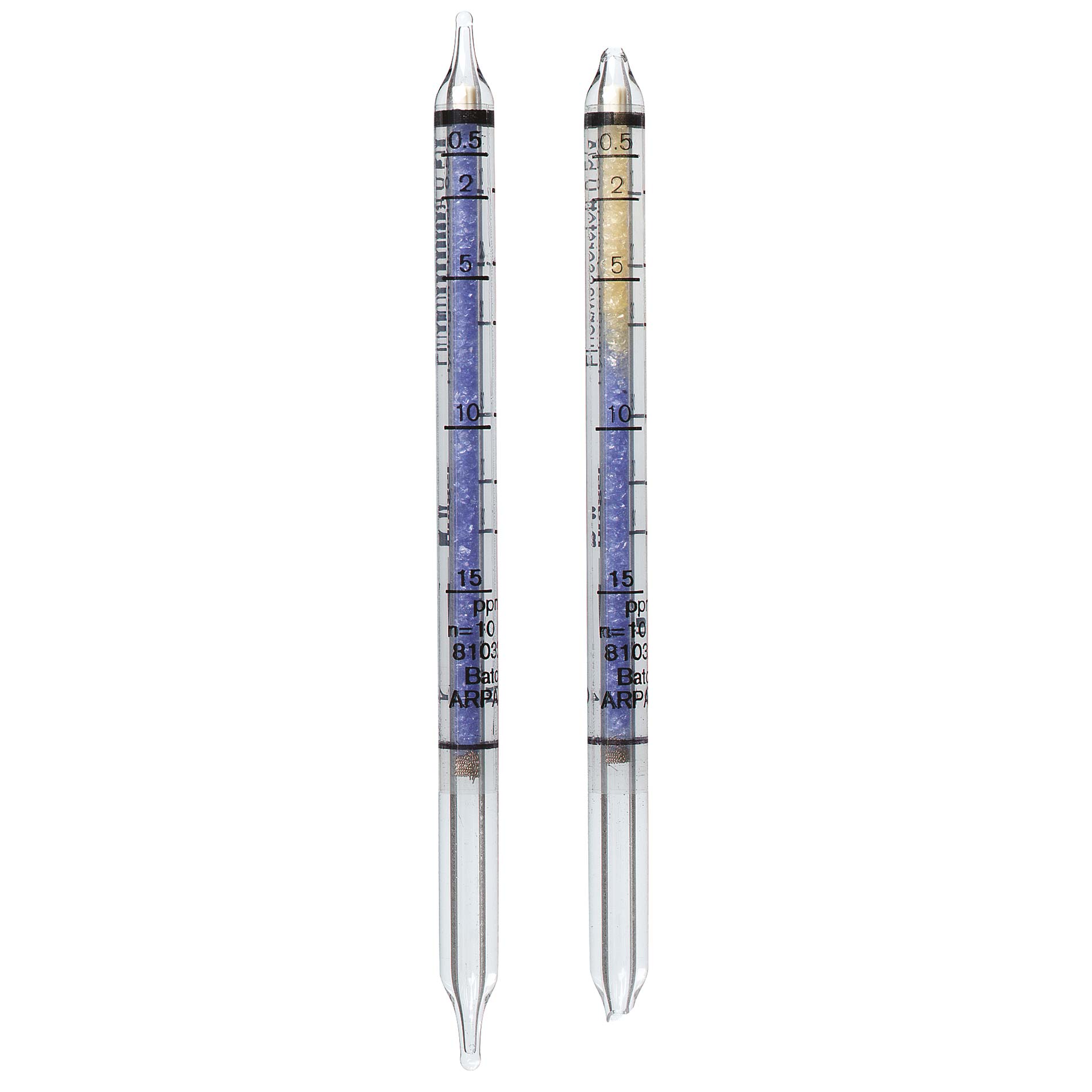 Dräger Röhrchen für Schadstoffdetektion Zwei Glasmessröhrchen zur Analyse von Luftschadstoffen.
