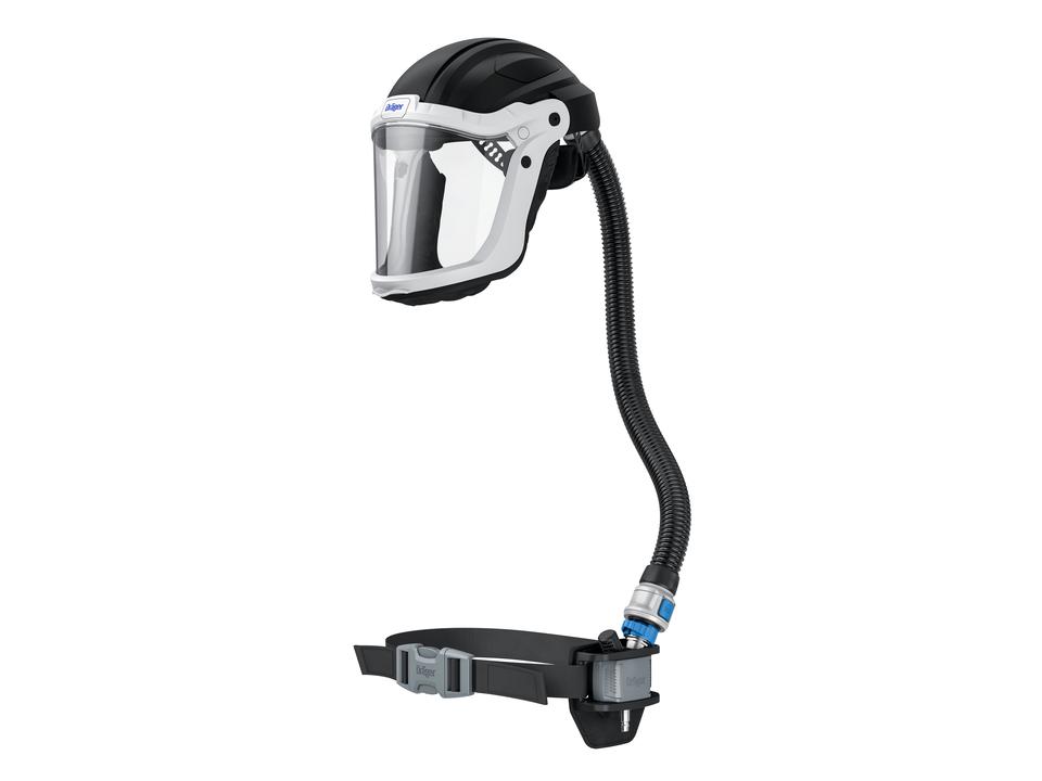 Atemschutzgerät für sicheres Arbeiten Dräger Vollgesichtsmaske mit Atemschlauch und Gürtelhalterung.