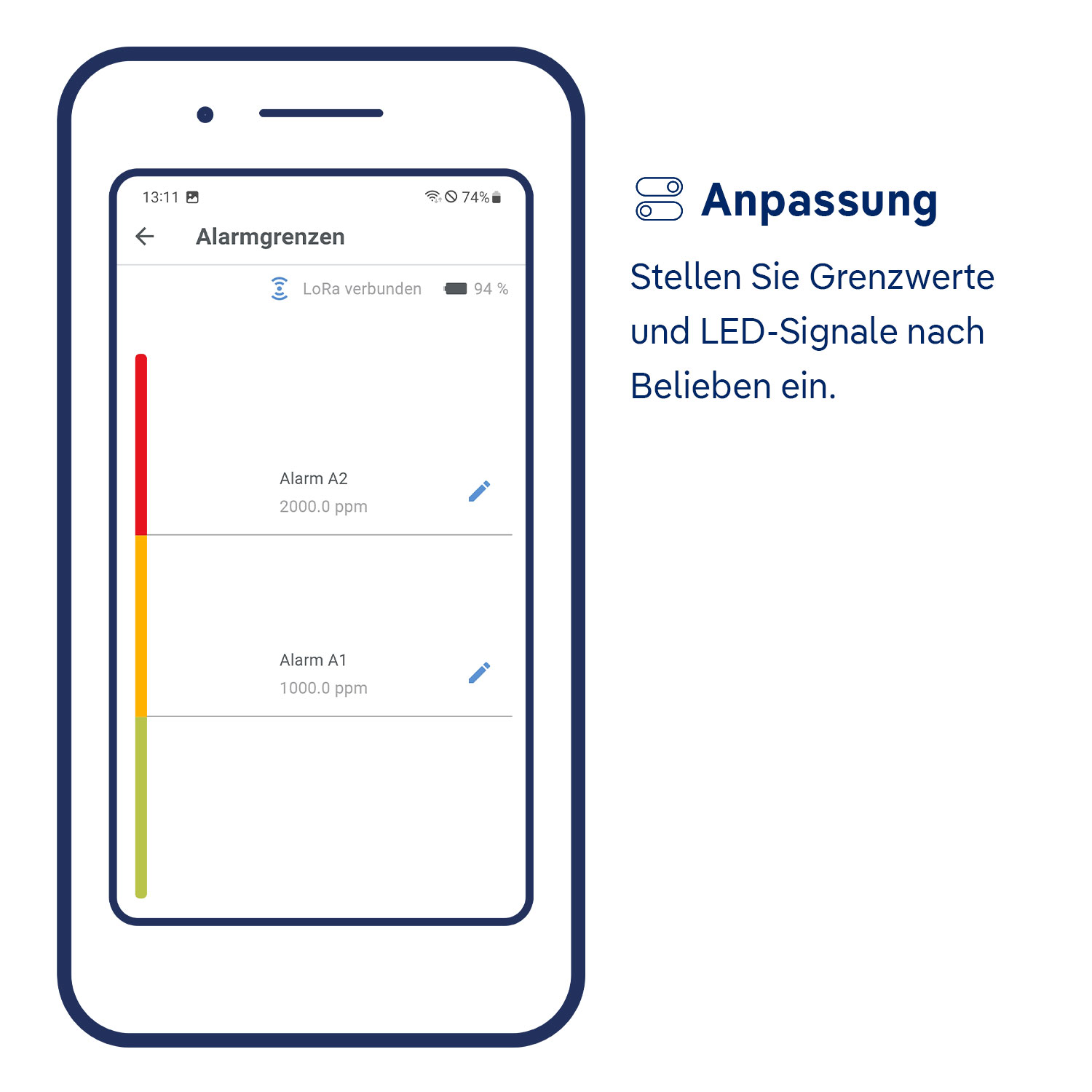 Alarmgrenzen-Setup im Dräger Web Shop Smartphone zeigt Einstellungen für Alarmgrenzen und LED-Anpassung im Dräger Sicherheitstechnik Kontext.