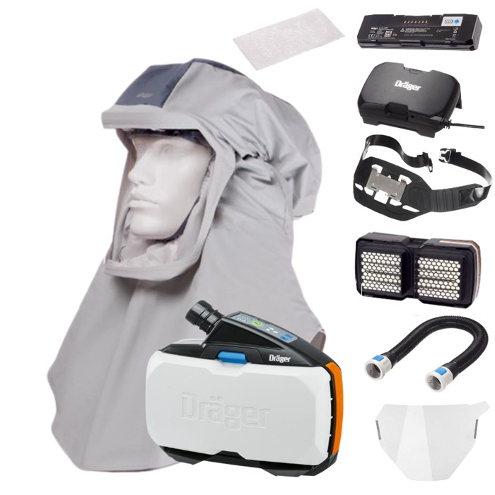 Dräger PAPR Schutzset für Atemschutz Abgebildet ist ein PAPR-Set mit Haube, Gürtel und Luftfilter.