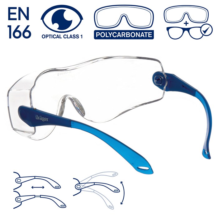 Schutzbrille Draeger X-pect 8120 Klare Schutzbrille aus Polycarbonat mit blauen Bügeln. Optische Klasse 1, EN 166 erfüllt.