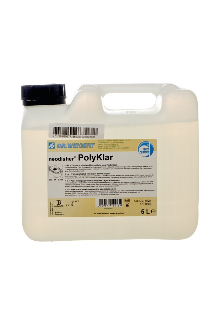 5 Liter Kanister Neodisher PolyKlar Klarspüler, Dr. Weigert, mit schwarzem Deckel, beige Etikett.
