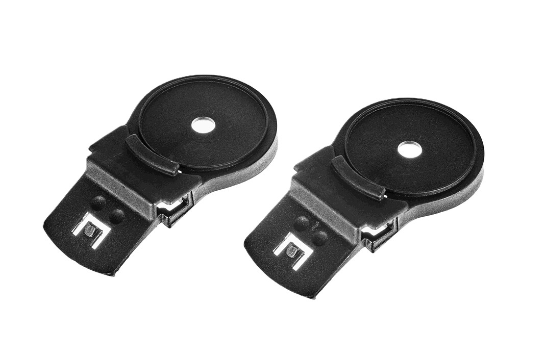 Clips für Sicherheitstechnik-Modelle Zwei schwarze Clips mit rundem Design und Metallverschluss.