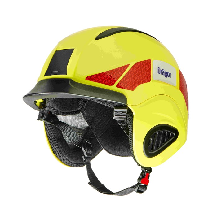 Gelber Schutzhelm mit Ohrenschutz und Dräger-Logo.
