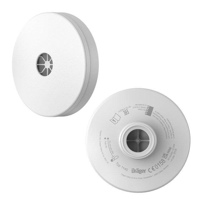 Dräger Rd40 Filter P3 Zwei weiße Filter mit zentralem Anschluss, oben eine Seite ohne Details, unten eine Seite mit Produktinformationen.