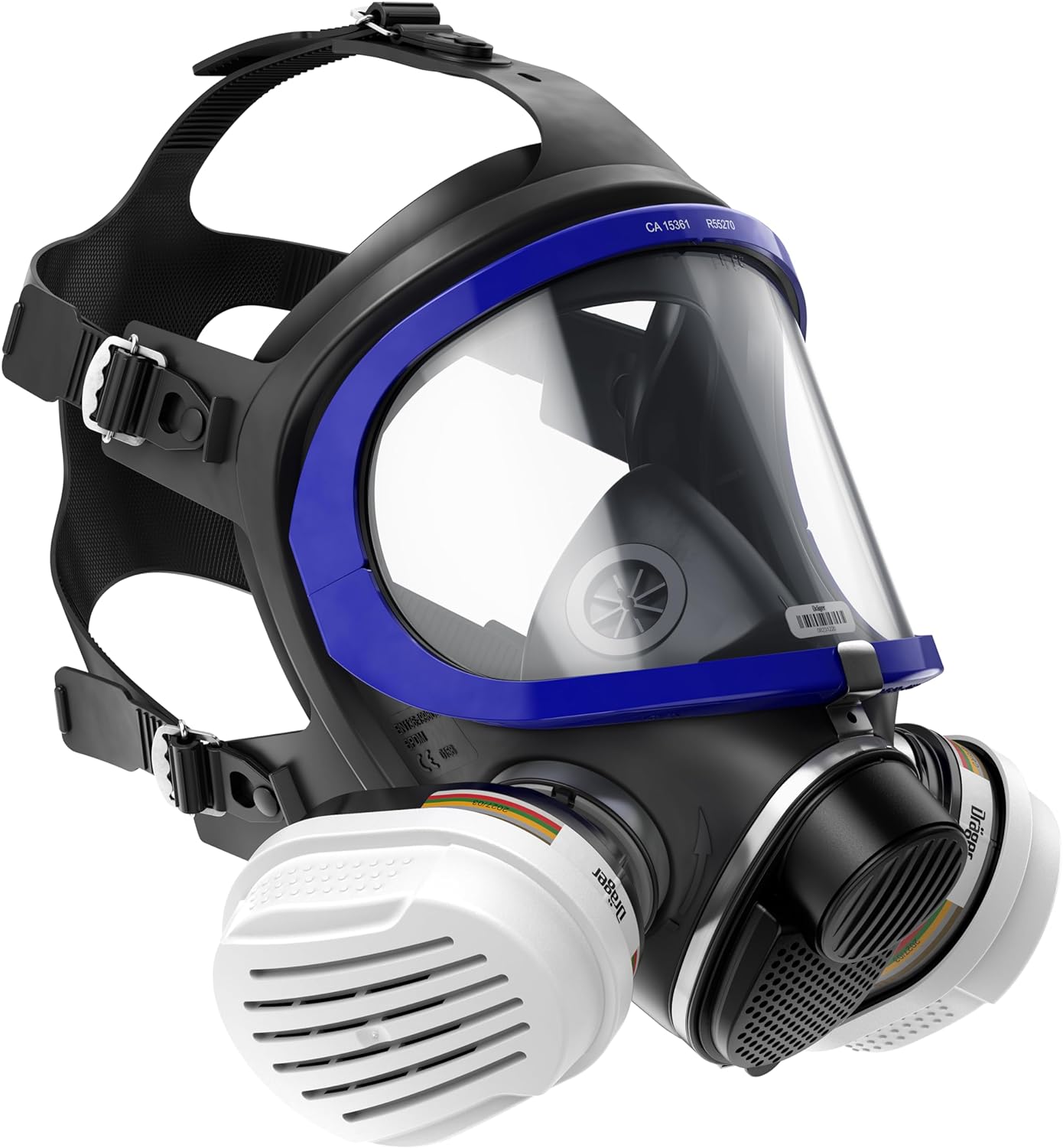 Dräger X-plore 5500 Vollmaske mit Filter Schwarze Vollmasken-Atemschutzmaske mit blauem Rand und Doppel-Filtereinsatz.
