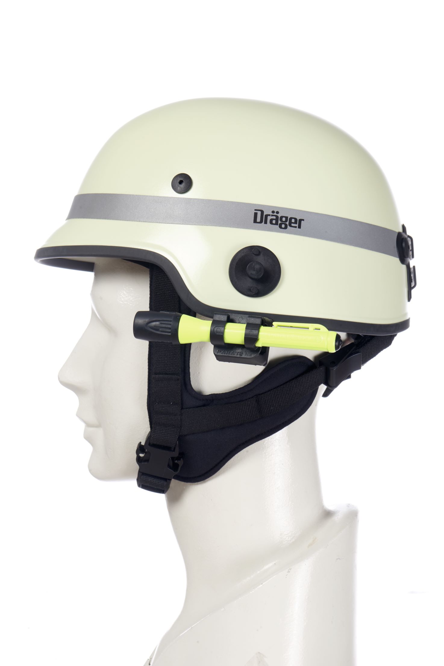 Weißer Dräger Helm HPS 4500 mit seitlichem Parasnap Zubehör.