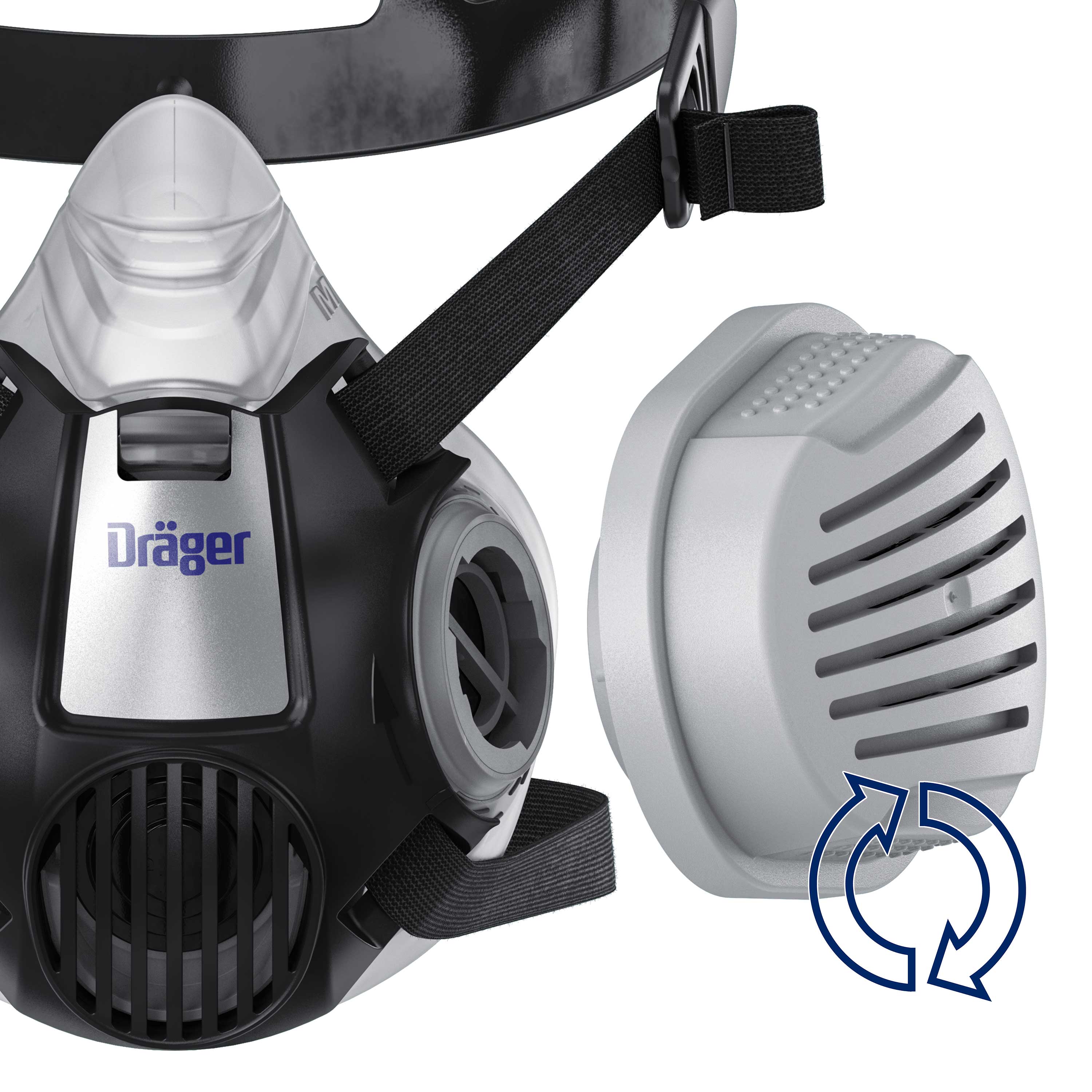 Schwarz-graue Halbmaske und P3 Filter von Dräger mit Drehsymbol.