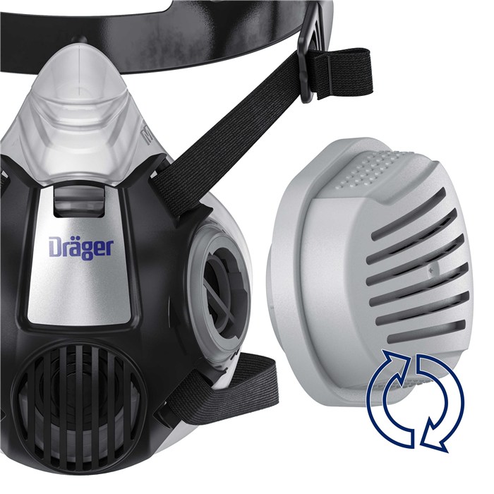 Dräger X-plore 3300 Halbmaske mit P3 Filter Schwarz-graue Halbmaske und P3 Filter von Dräger mit Drehsymbol.