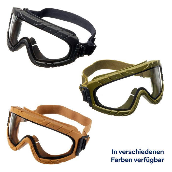 Dräger X-pect 4900 Schutzbrillen Sortiment Drei Schutzbrillen in schwarz, grün und sandfarben für Sicherheitstechnik.
