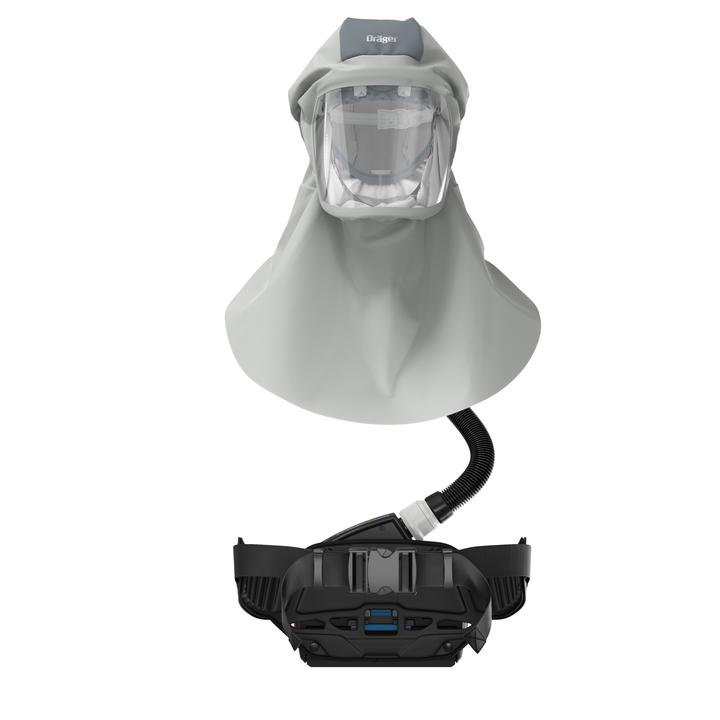 Vollschutz-Atemmaske mit Gebläseenheit Dräger Vollschutzmaske mit grauem Stoff und integriertem Atemgerät