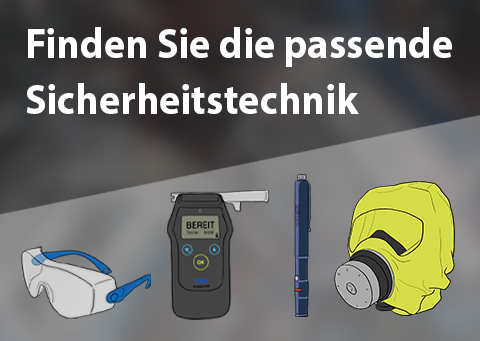 Sicherheitstechnik Auswahlhilfe Abgebildet: Schutzbrille, Gasdetektor, Rettungsgerät und Schutzmaske.