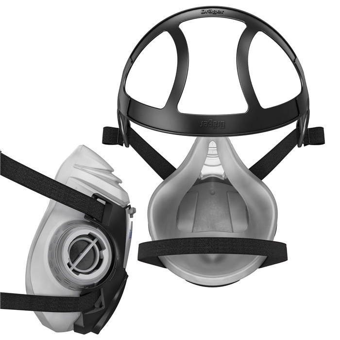 Zwei Ansichten der X-plore 3300 Atemschutzmaske mit Gurten und Ventil.
