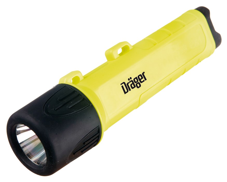 Gelbe und schwarze Taschenlampe der Marke Dräger.