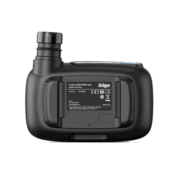 Rückansicht eines Dräger X-plore 8500 Geräts mit technischen Details.