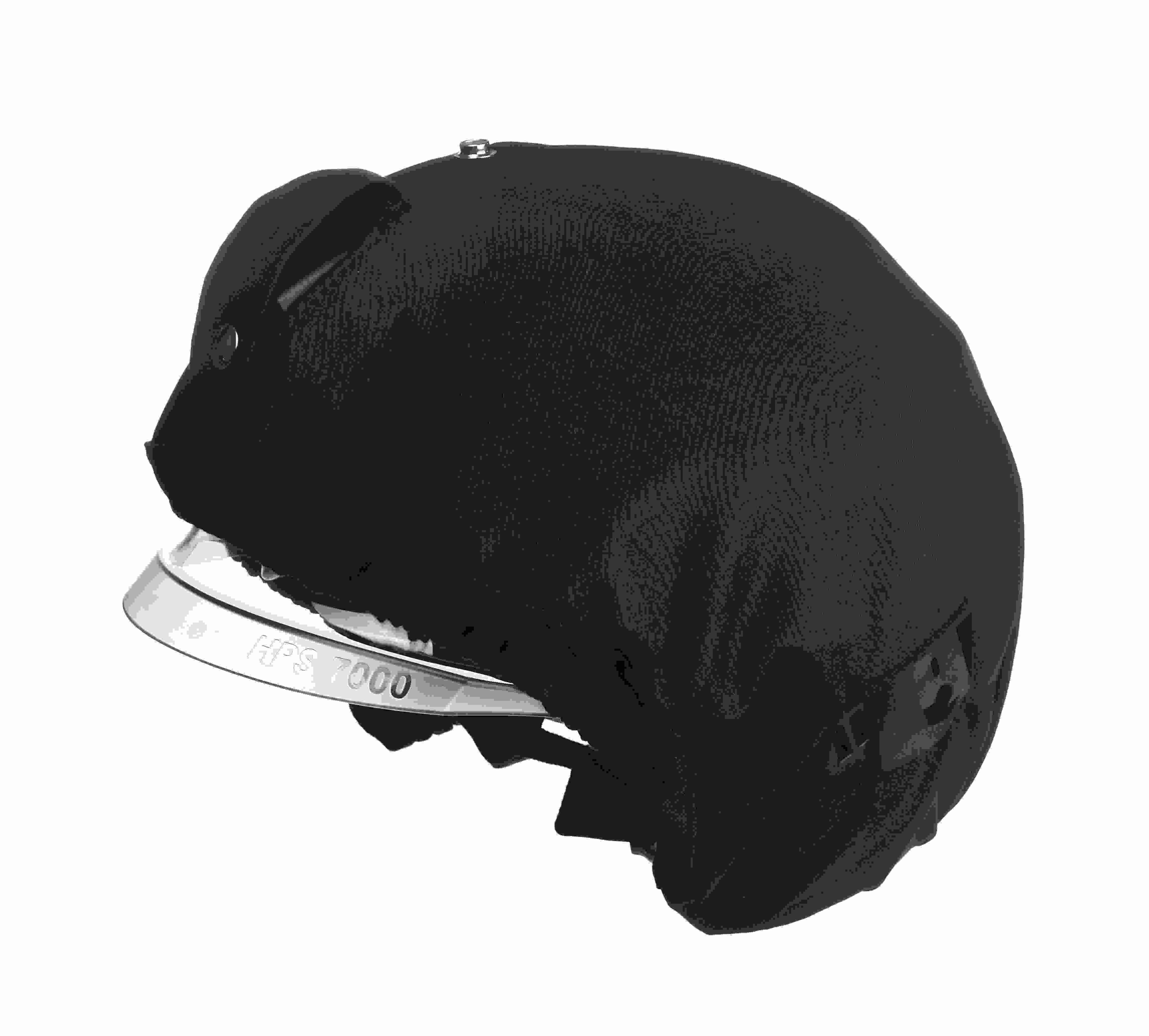 Feuerwehrhelm mit Abdeckung Abdeckung auf einem Feuerwehrhelm, Modell F5000, Seitenansicht.