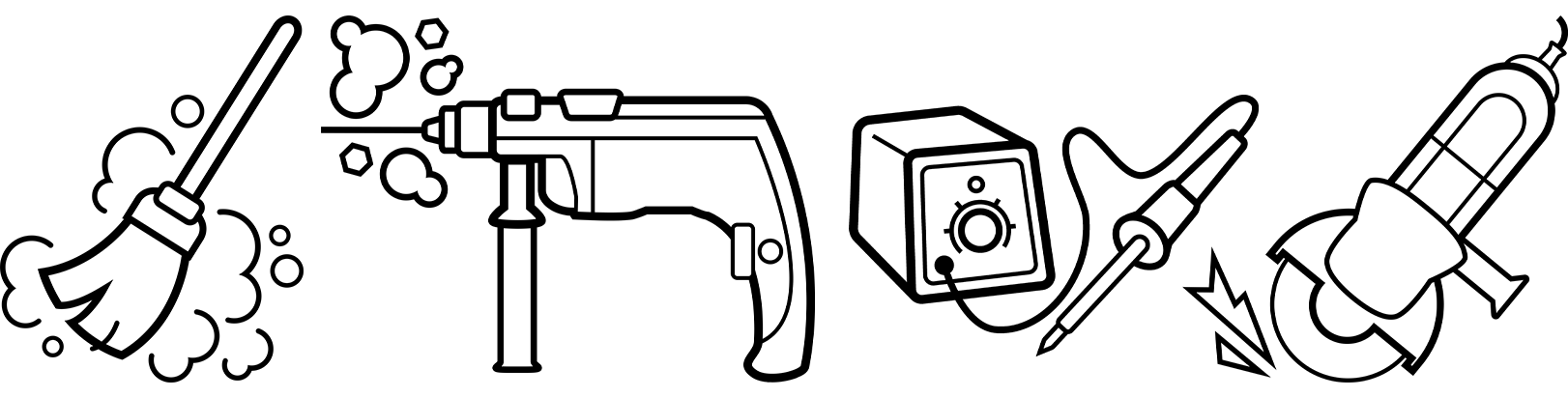 Handwerkzeug-Symbole für Schutzprodukte Skizzen von Putzgerät, Bohrmaschine, Steueranlage, Lötkolben, Winkelschleifer.