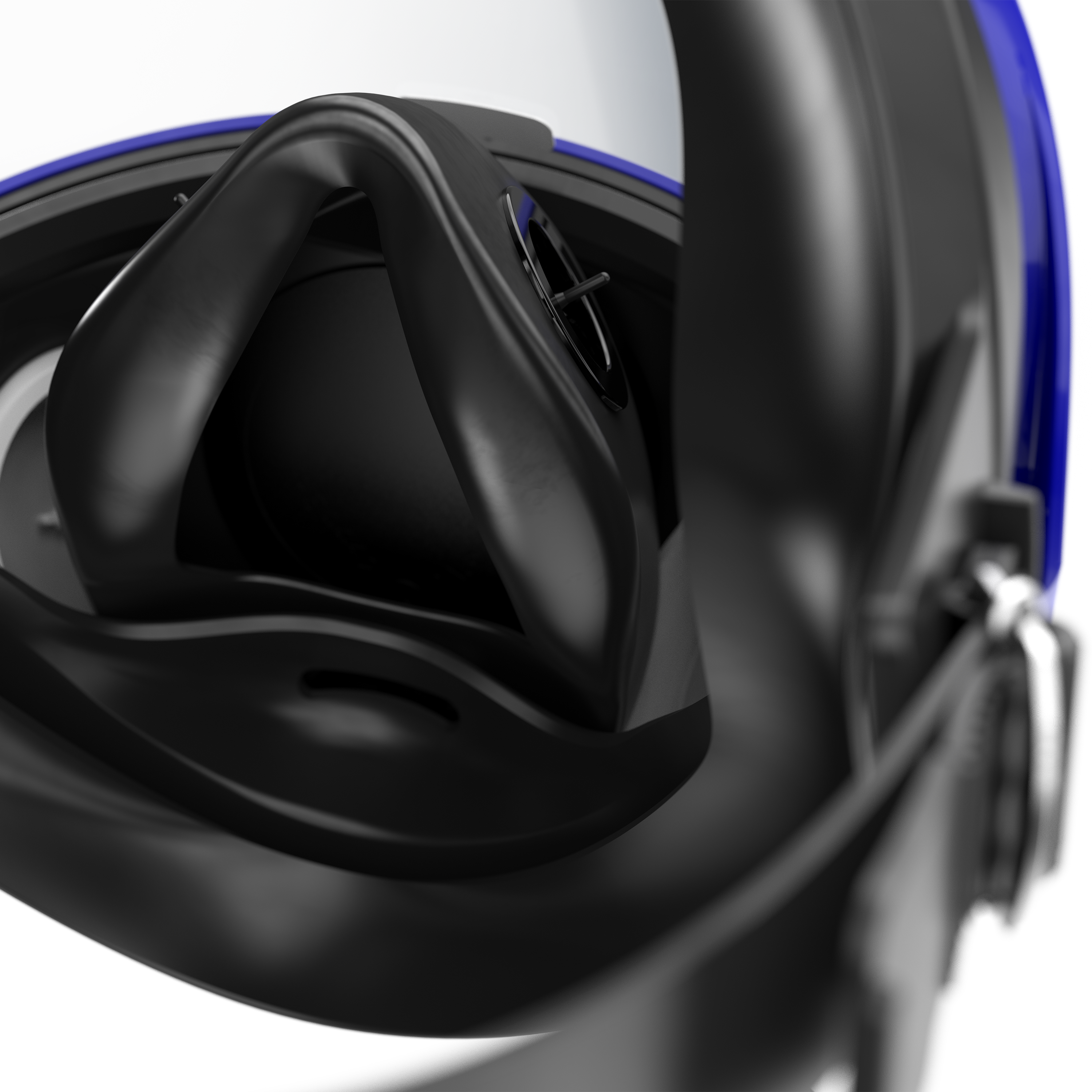 Nahaufnahme einer Dräger X-plore 5500 Vollgesichtsmaske, Fokus auf Nasenteil und Befestigungsmechanismus.
