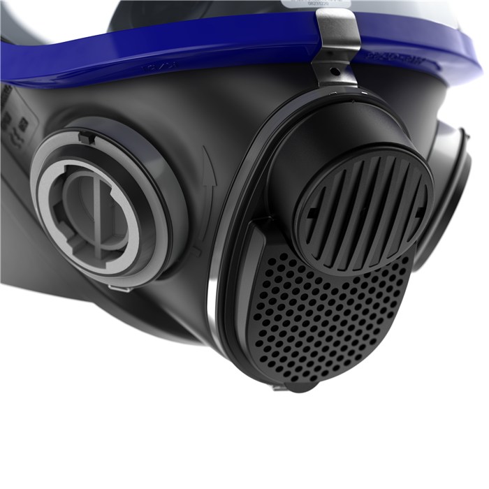 Vollmaske von Dräger Sicherheitstechnik Nahaufnahme einer schwarzen Vollmaske mit blauen Details.