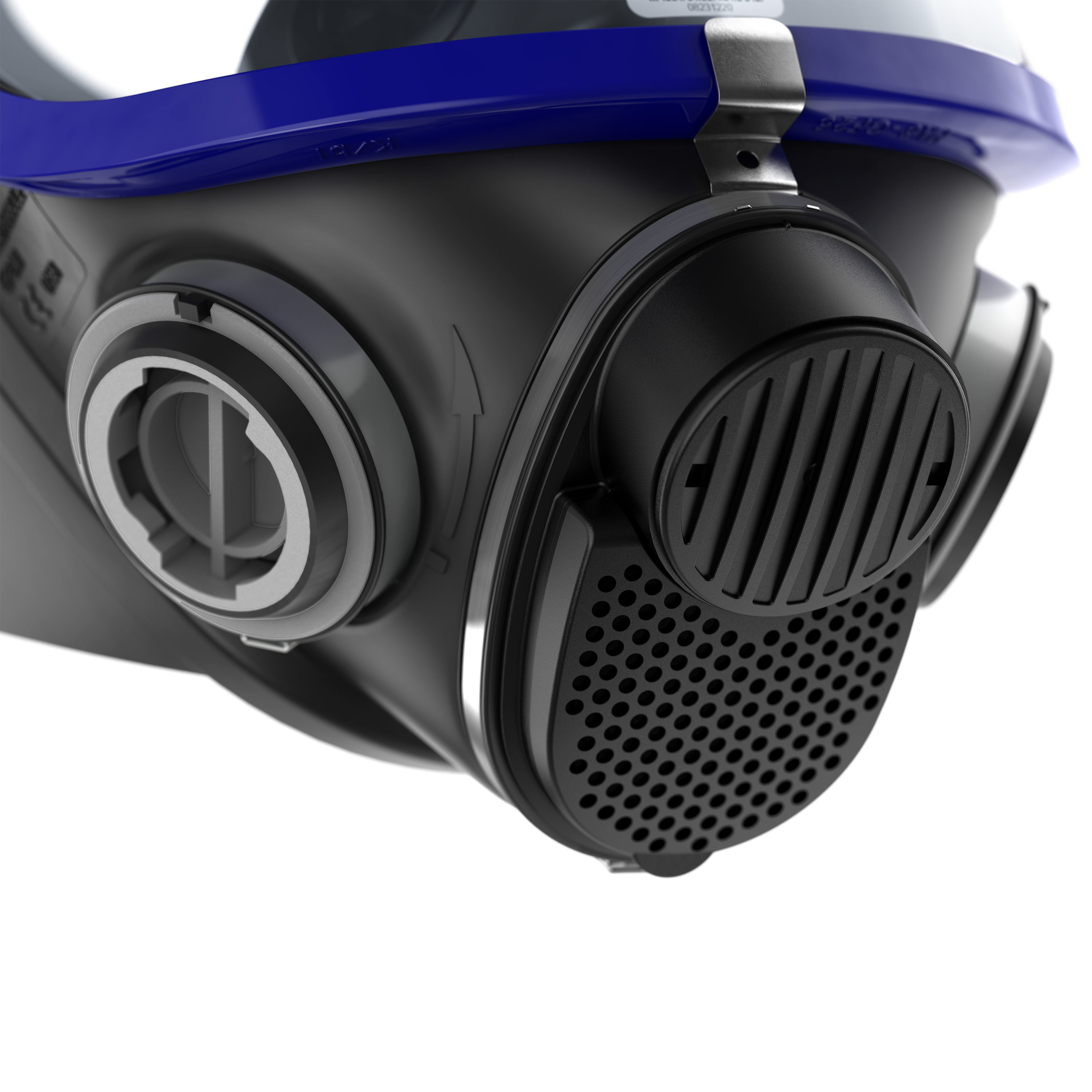 Vollmaske von Dräger Sicherheitstechnik Nahaufnahme einer schwarzen Vollmaske mit blauen Details.