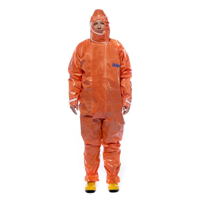 Dräger Schutzanzug SPC 4400 CLF Orange, chemikalienfester Schutzanzug mit Dräger-Logo.