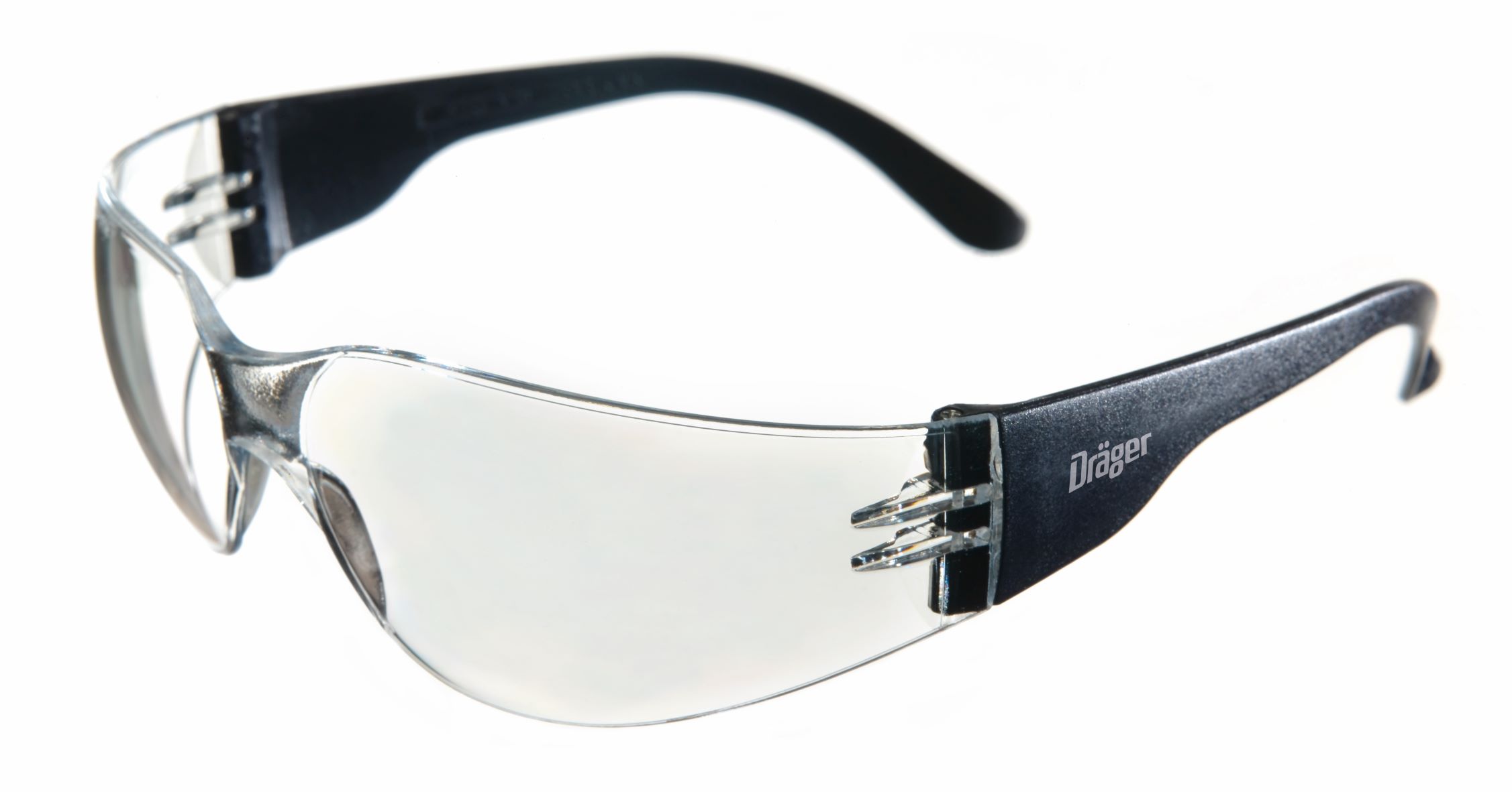Schutzbrille für Sicherheitstechnik Transparentes Brillengestell mit dunkelblauen Bügeln, Dräger Logo sichtbar.
