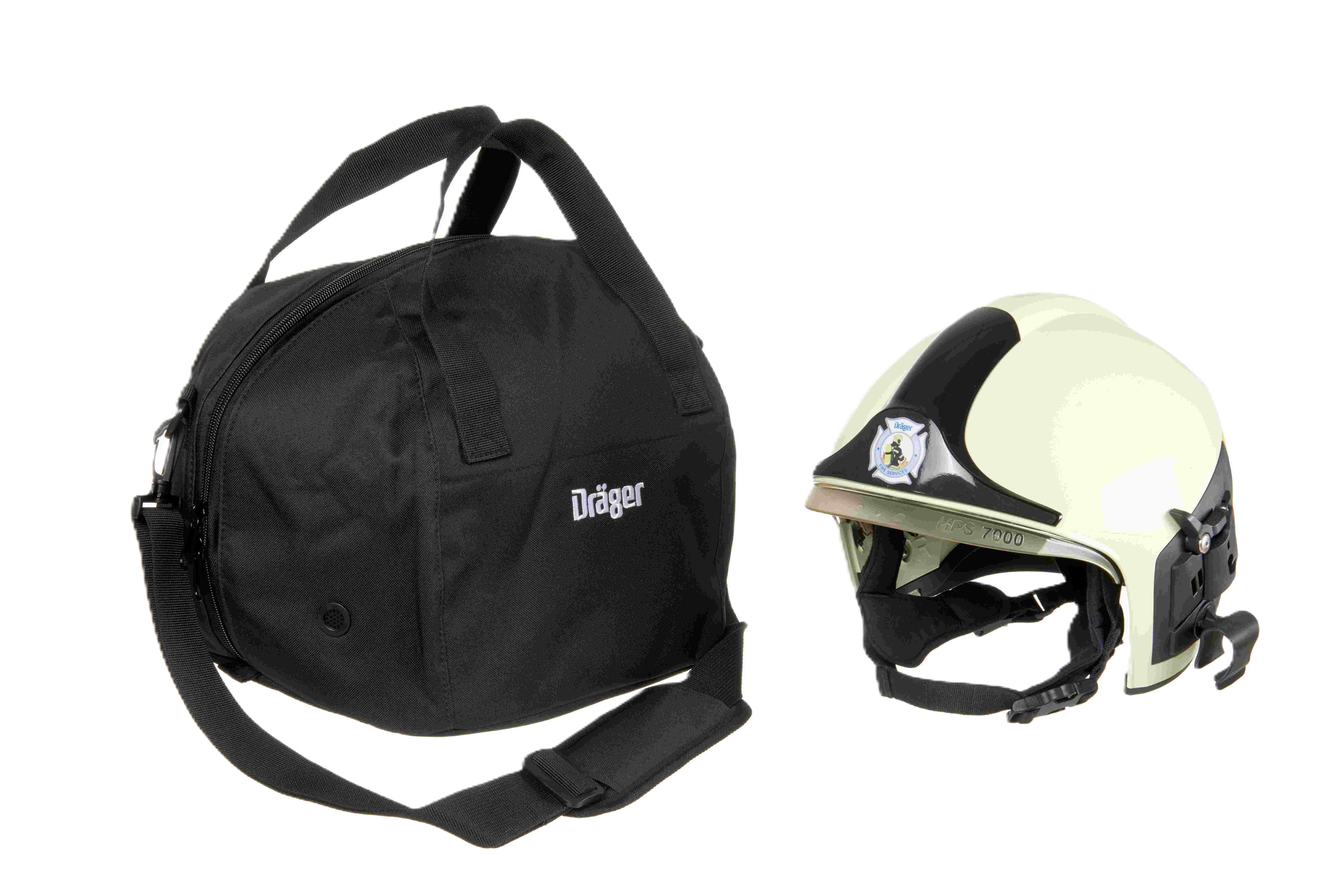 Schwarze Tasche und weißer Helm mit Visier von Dräger.