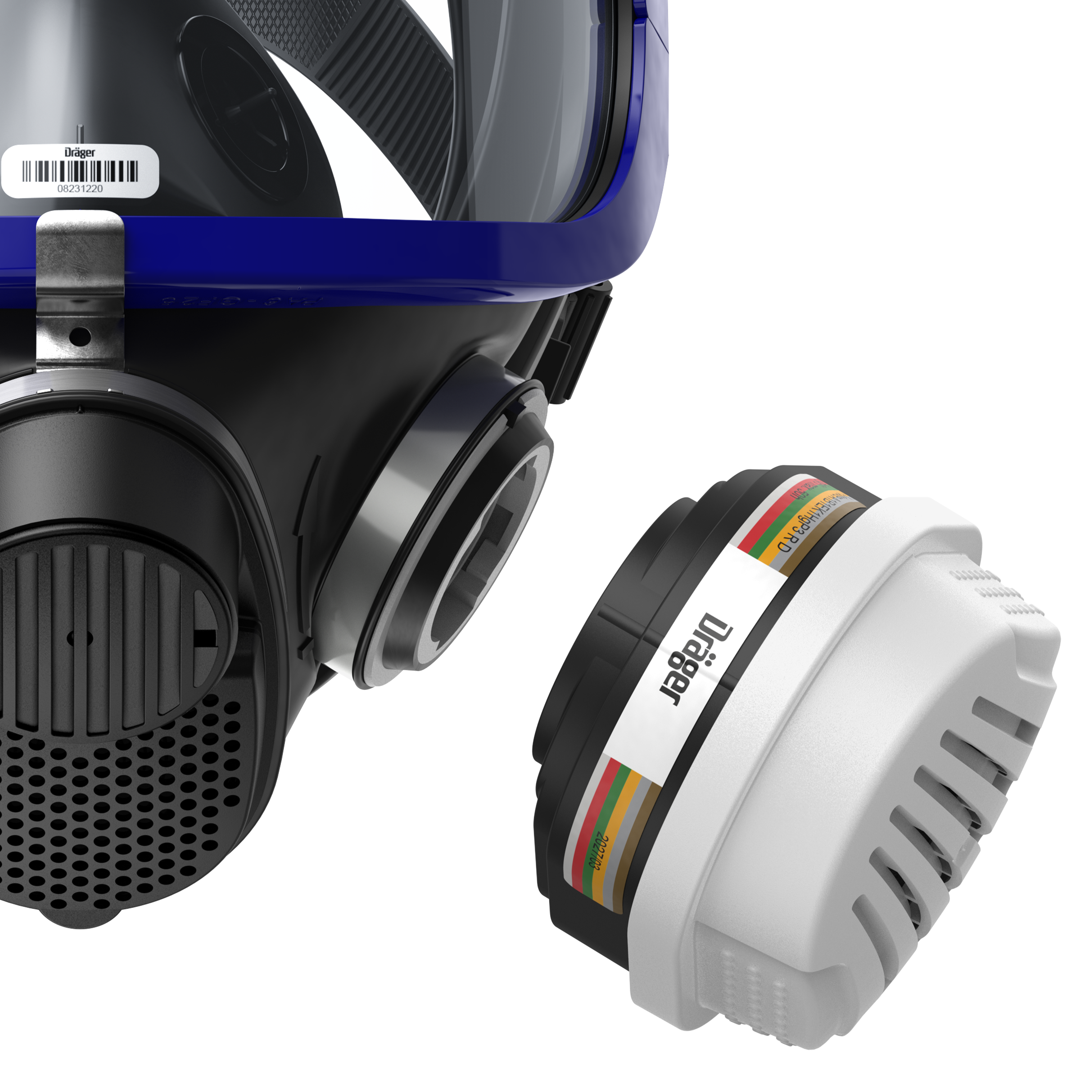 Vollgesichtsmaske und Filtereinheit von Dräger gezeigt.