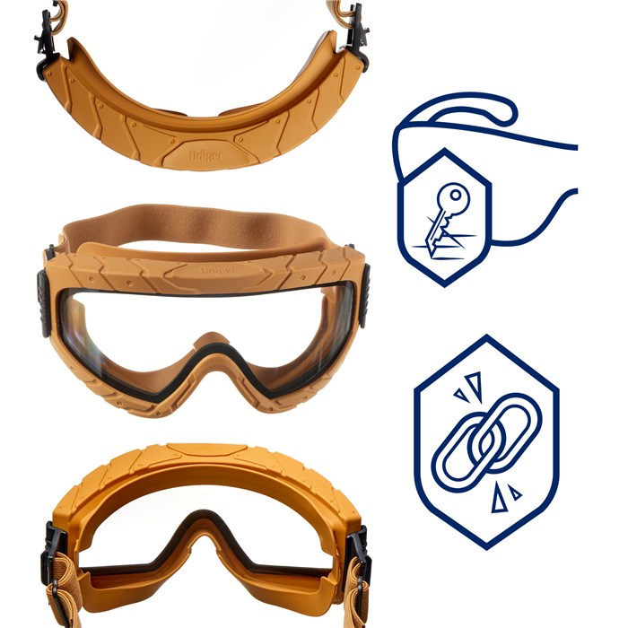 Schutzbrille Dräger X-pect 4900 sand Drei Ansichten einer sandfarbenen Schutzbrille mit Markenlogo und Symbolgrafiken.