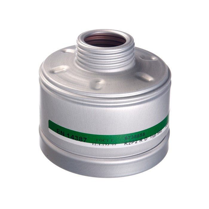 Atemschutzfilter Rd40 K2 P2 für Sicherheitstechnik Silberner Dräger Atemschutzfilter, Modell Rd40 K2 P2, mit grünem Band, rund.