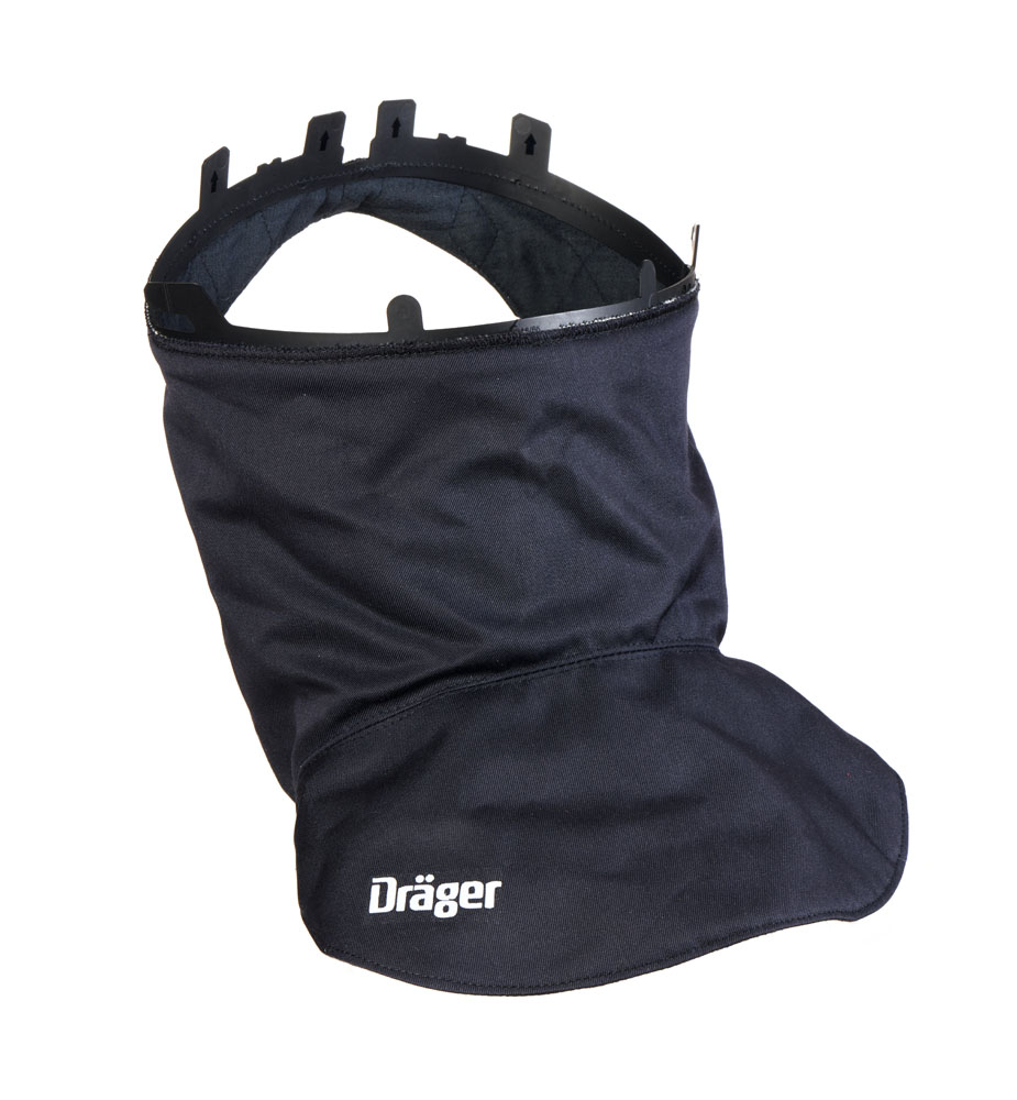 Schwarze Schutzausrüstung für Kopf und Hals mit Dräger-Logo.