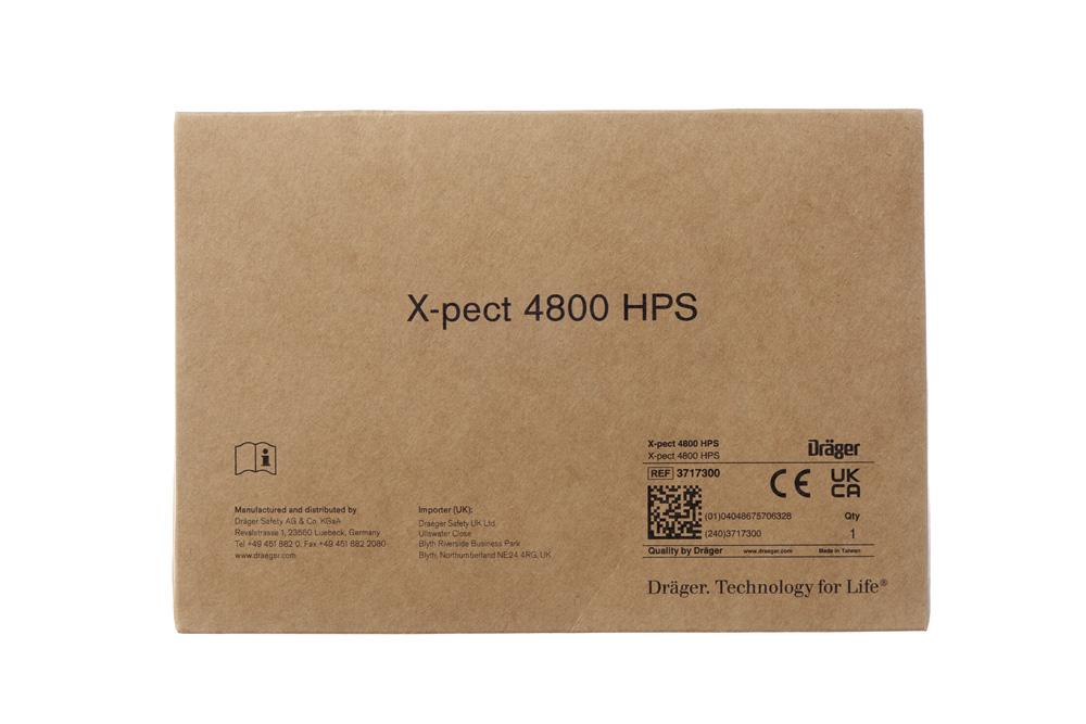 Dräger X-pect 4800 HPS Verpackung Kartonverpackung mit Aufdruck "X-pect 4800 HPS" und Dräger-Logo.