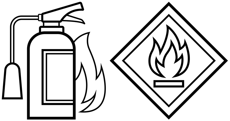 Brandschutz-Symbol und Feuerlöscher Schwarz-weiß Skizze eines Feuerlöschers und eines Brandschutzsymbols mit Flamme.