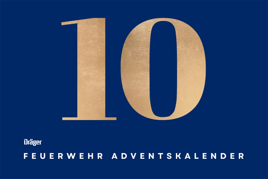 Adventskalender Türchen 10 Blaue Karte mit goldener Nummer 10, Dräger Feuerwehr Adventskalender.