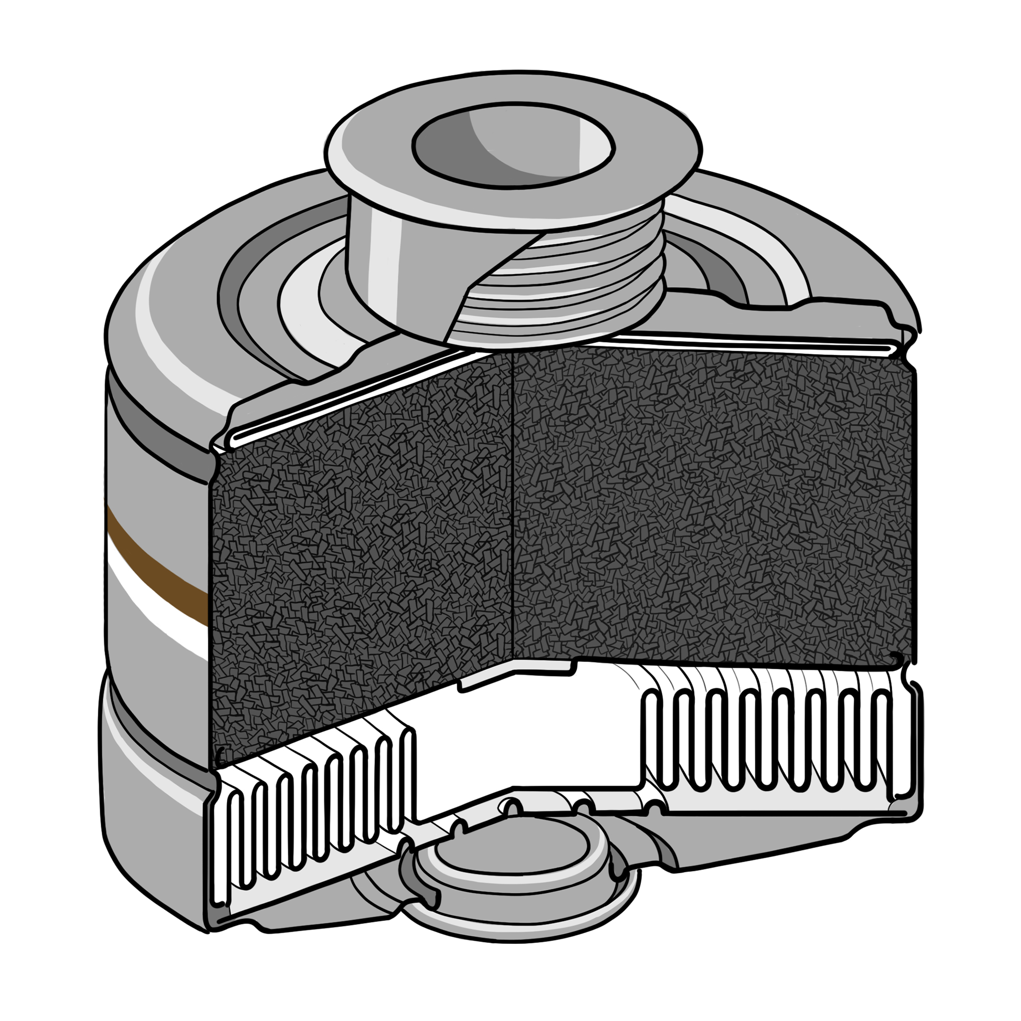 Illustration eines in der Mitte geteilten Sicherheitsfilters mit Gewinde.